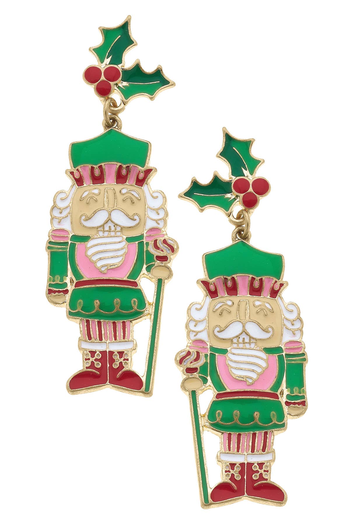 Canvas Style Mistletoe Enamel Nutcracker Earrings (PNK/GRN/RED)