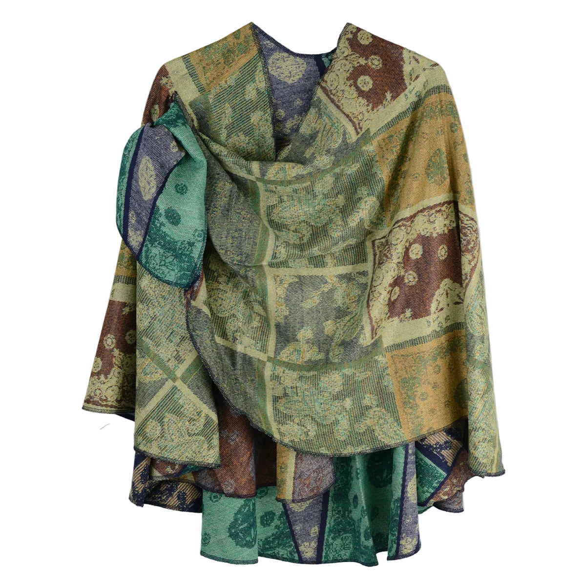 Rapti 100% Cashmere Reversible Loop Shawl (#95) ( Paisley Patchwork) (Navy Khaki Emerald)