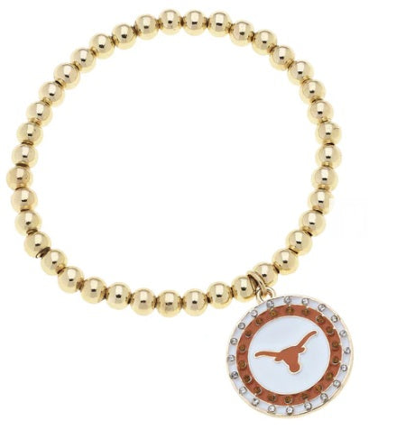 Texas Longhorn Canvas Pave Longhorn Disc Ball Bead Stretch Bracelet (GLD)