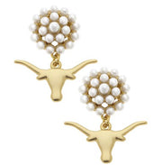 Texas Longhorn Canvas Pearl Cluster Logo Drop Earrings (GLD) (25267E-TEX)