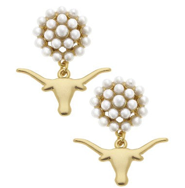 Texas Longhorn Canvas Pearl Cluster Logo Drop Earrings (GLD) (25267E-TEX)
