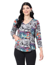 Parsley & Sage Peggy Abstract Print Button Top (MULTI)