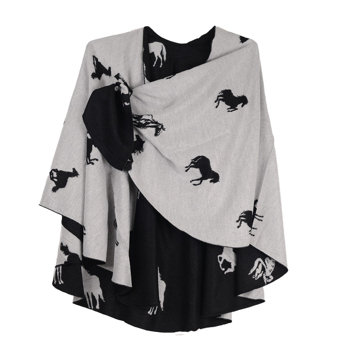 Rapti 100% Cashmere Horses Print Reversible Loop Shawl (#123) BLK/WHT