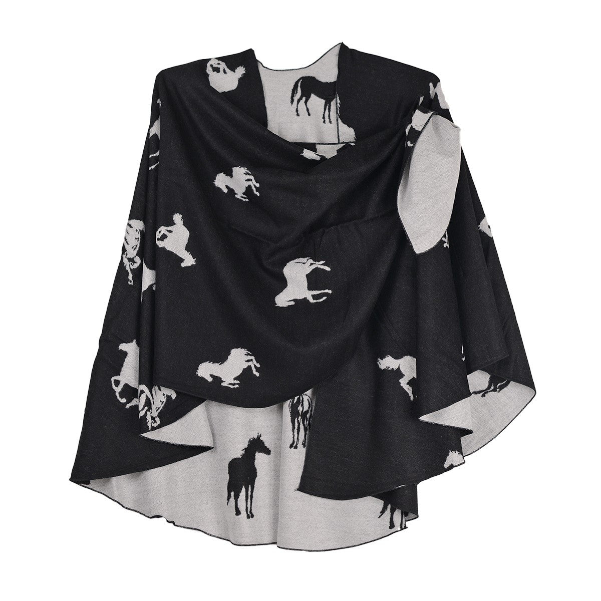 Rapti 100% Cashmere Horses Print Reversible Loop Shawl (#123) BLK/WHT