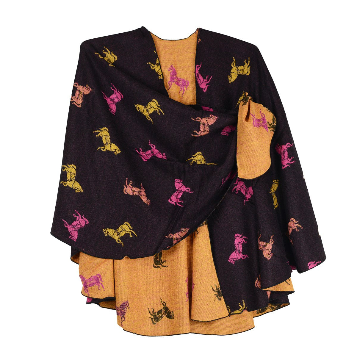Rapti 100% Cashmere Horses Print Reversible Loop Shawl (#124) BLK/PNK