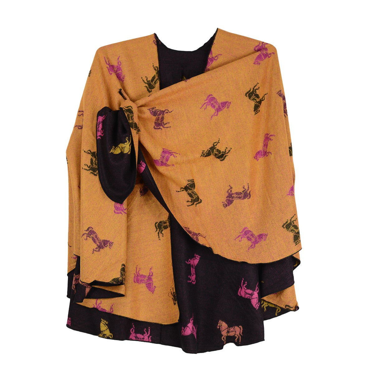 Rapti 100% Cashmere Horses Print Reversible Loop Shawl (#124) BLK/PNK