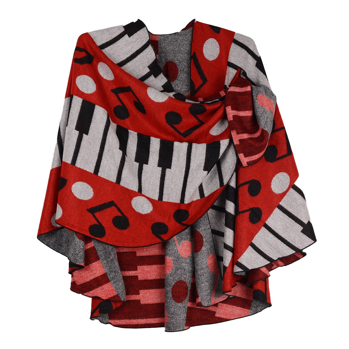 Rapti 100% Cashmere Keyboard/Notes Reversible Loop Shawl (#56) BLK/RED