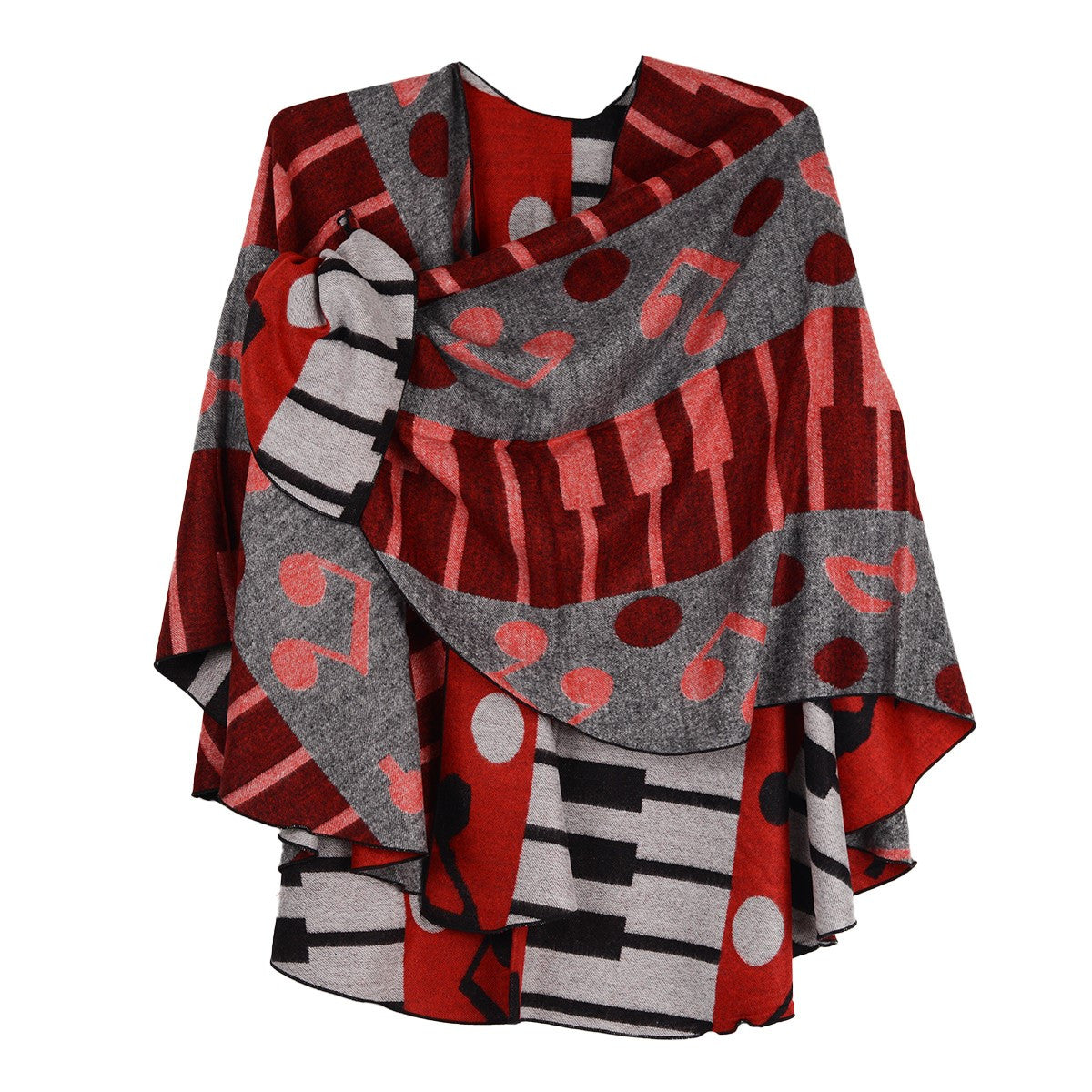 Rapti 100% Cashmere Keyboard/Notes Reversible Loop Shawl (#56) BLK/RED