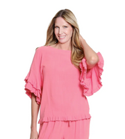 Slimsation Petite Double Flounce Raglan Fringe Hem Linen Top (M26720TP)(Coral Pink)