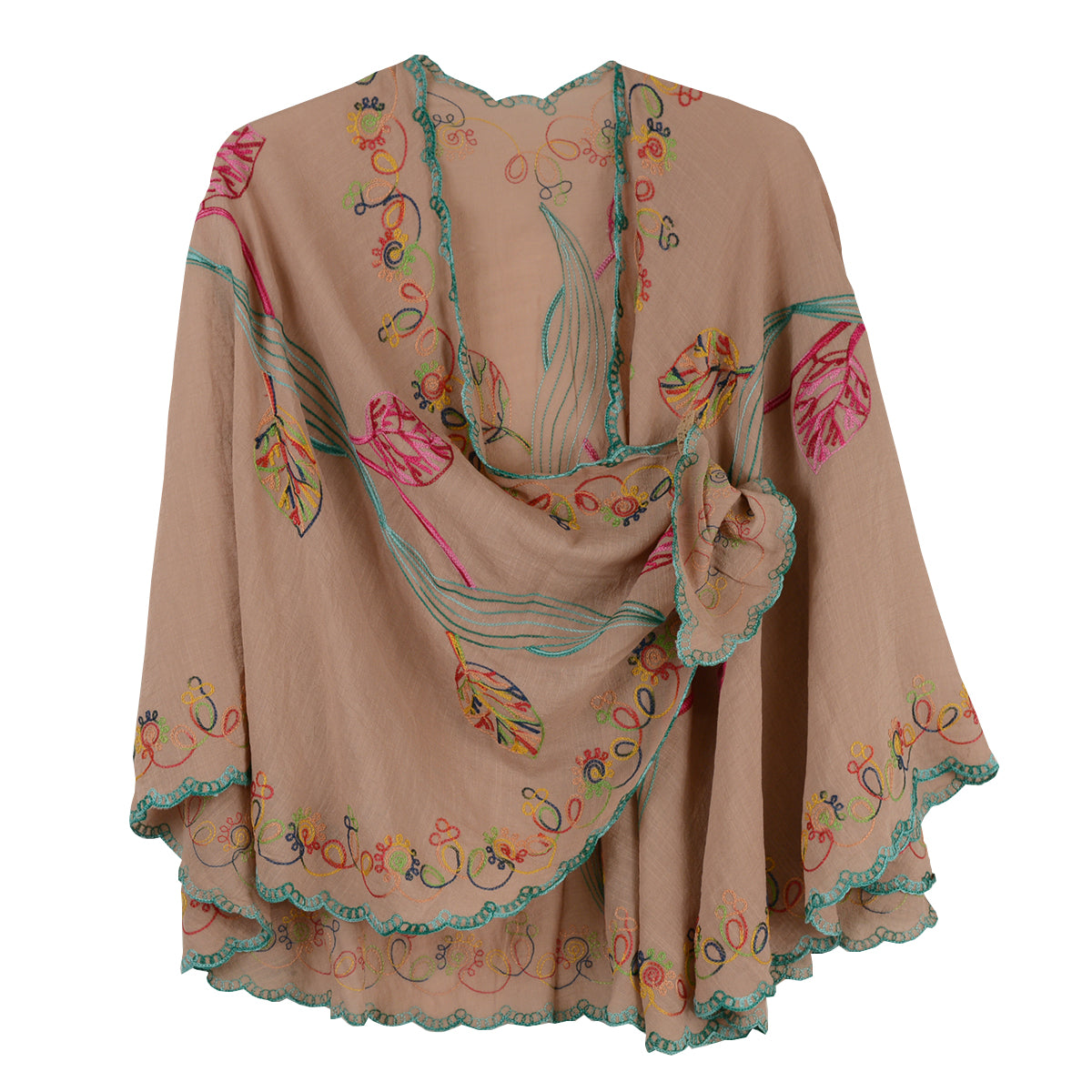 Rapti Embroidered Cotton Loop Shawl (#7) (British Khaki)