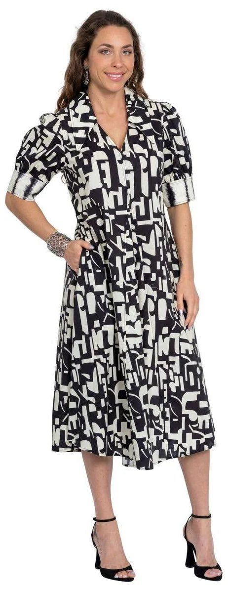 Lior Amber Abstract Alphabet Print Point Collar Dress (Black Ecru)(Amber-26)