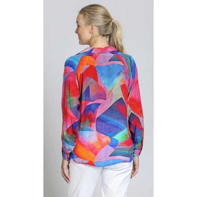 APNY Pink Blue Multi Abstract Half Placket Pull Over Shirt