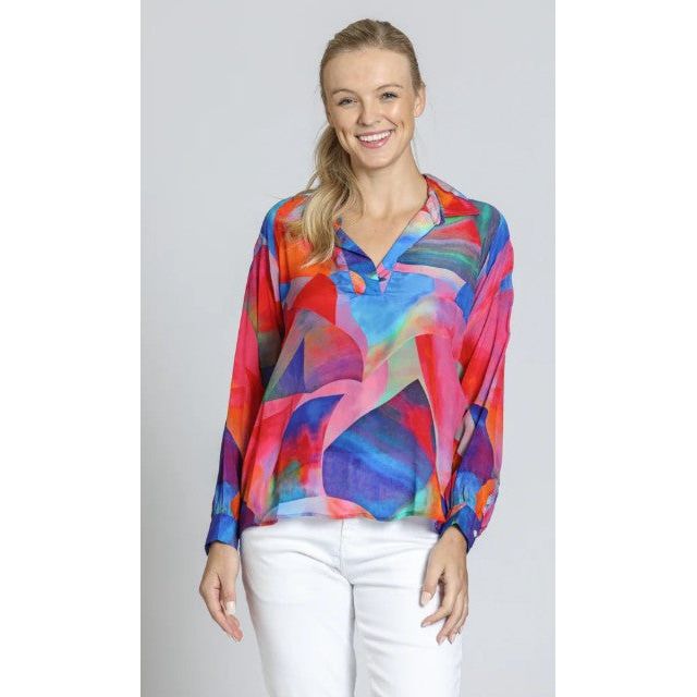 APNY Pink Blue Multi Abstract Half Placket Pull Over Shirt