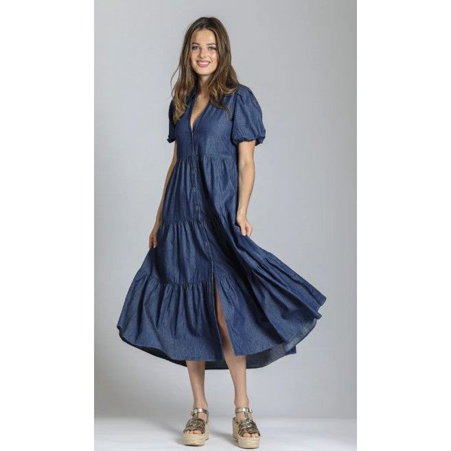 APNY Tiered Puff Sleeve Long Dress (MEDINDIGO)
