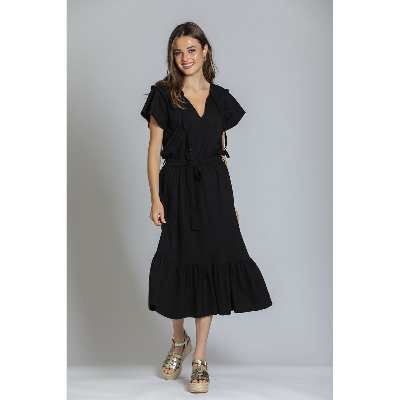 APNY Shoulder Smocking Detail Tie Front Solid Black Dress