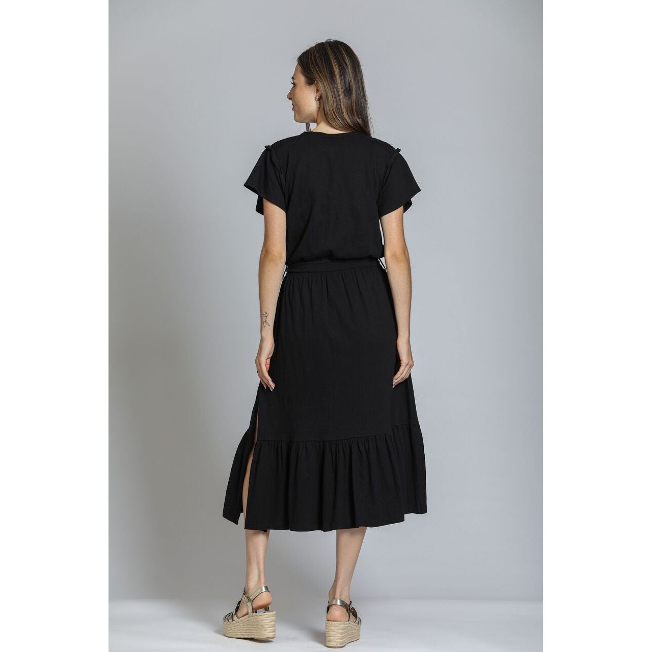 APNY Shoulder Smocking Detail Tie Front Solid Black Dress