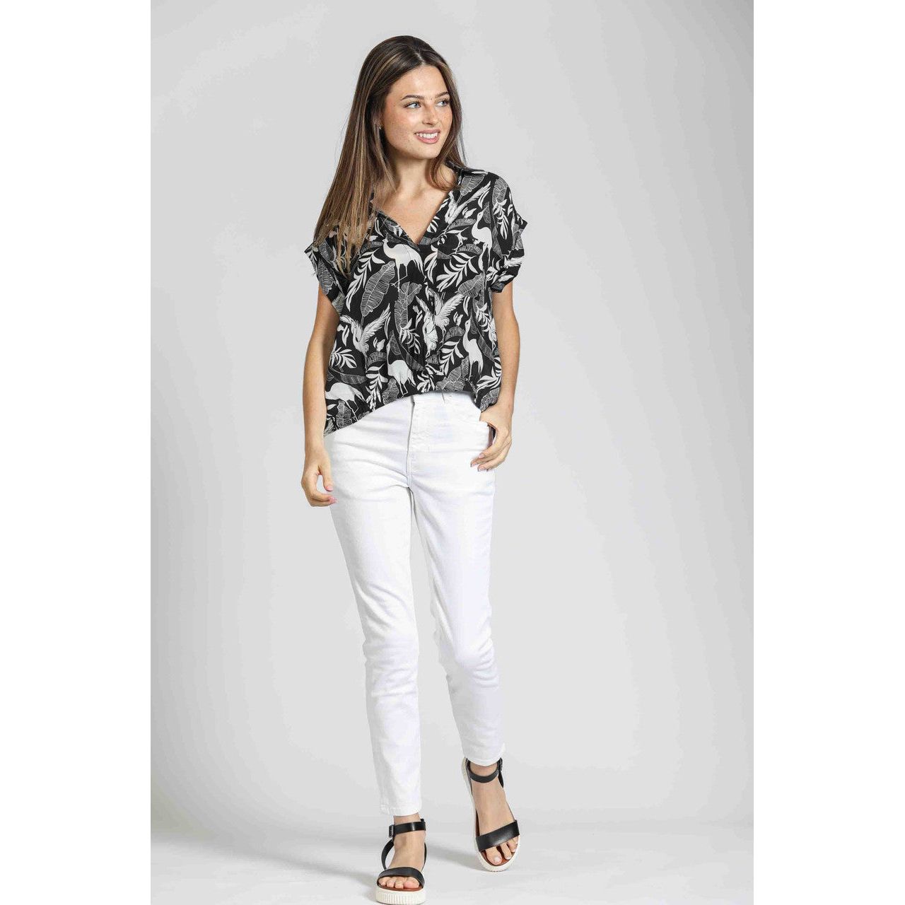 APNY Black & White Tropical Bird Print Blouse