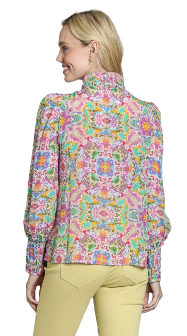 APNY Puff Sleeve Ruched Detail Pink Multi Top