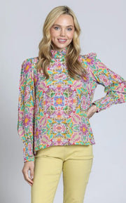 APNY Puff Sleeve Ruched Detail Pink Multi Top