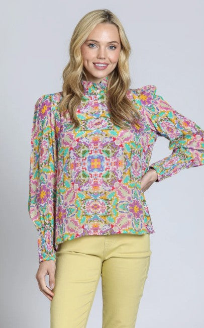 APNY Puff Sleeve Ruched Detail Pink Multi Top