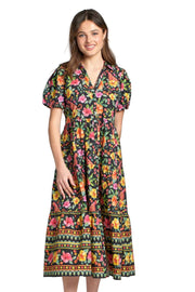 APNY Bright Floral Print Puff Sleeve Tiered Midi Dress (NVY/MULTI)