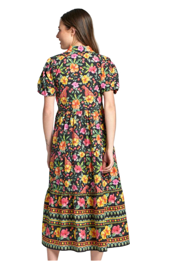 APNY Bright Floral Print Puff Sleeve Tiered Midi Dress (NVY/MULTI)