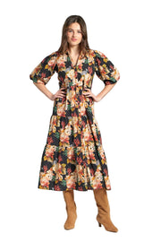 APNY Floral Long Tiered Dress w/Elbow Sleeves V-Neck (T56P/C-064D/CT) (Black Multi)