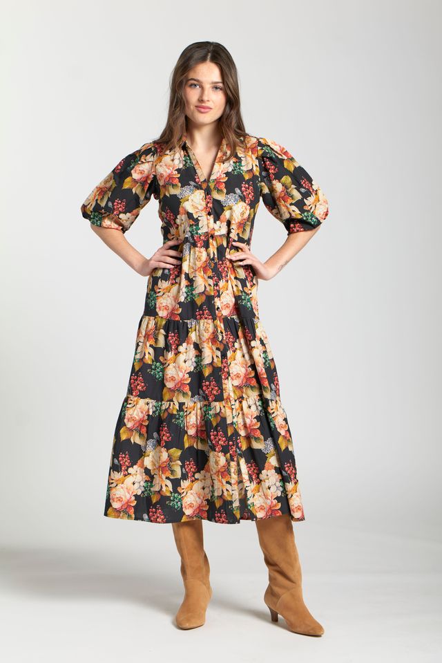 APNY Floral Long Tiered Dress w/Elbow Sleeves V-Neck (T56P/C-064D/CT) (Black Multi)