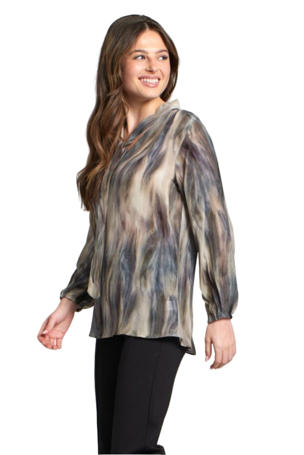 APNY Brown Multi Swirl Tie Neck Pullover Shirt