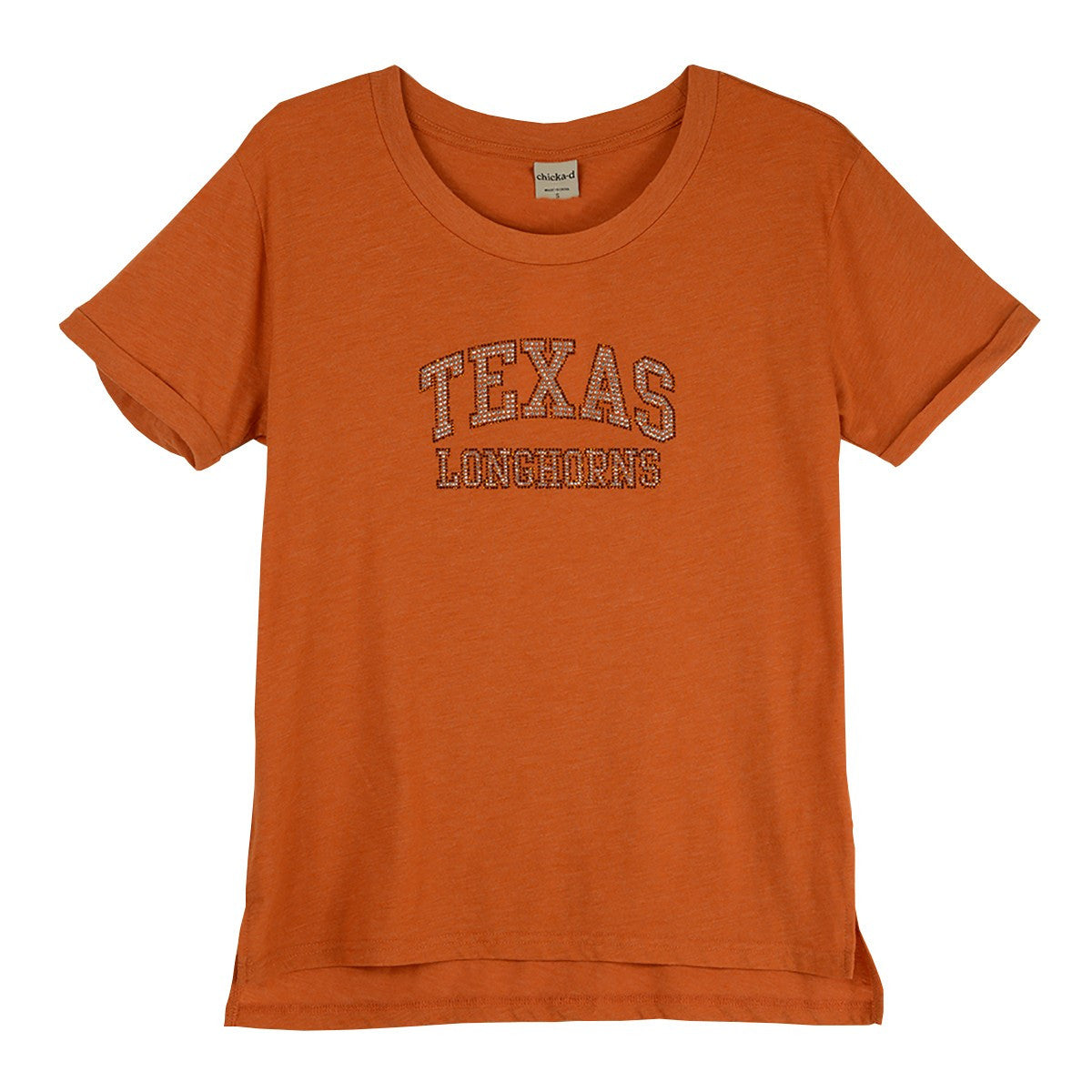 Texas Longhorns Silver & Orange Outline Rhinestones Crew Tee (2108-02-RSTXLH)