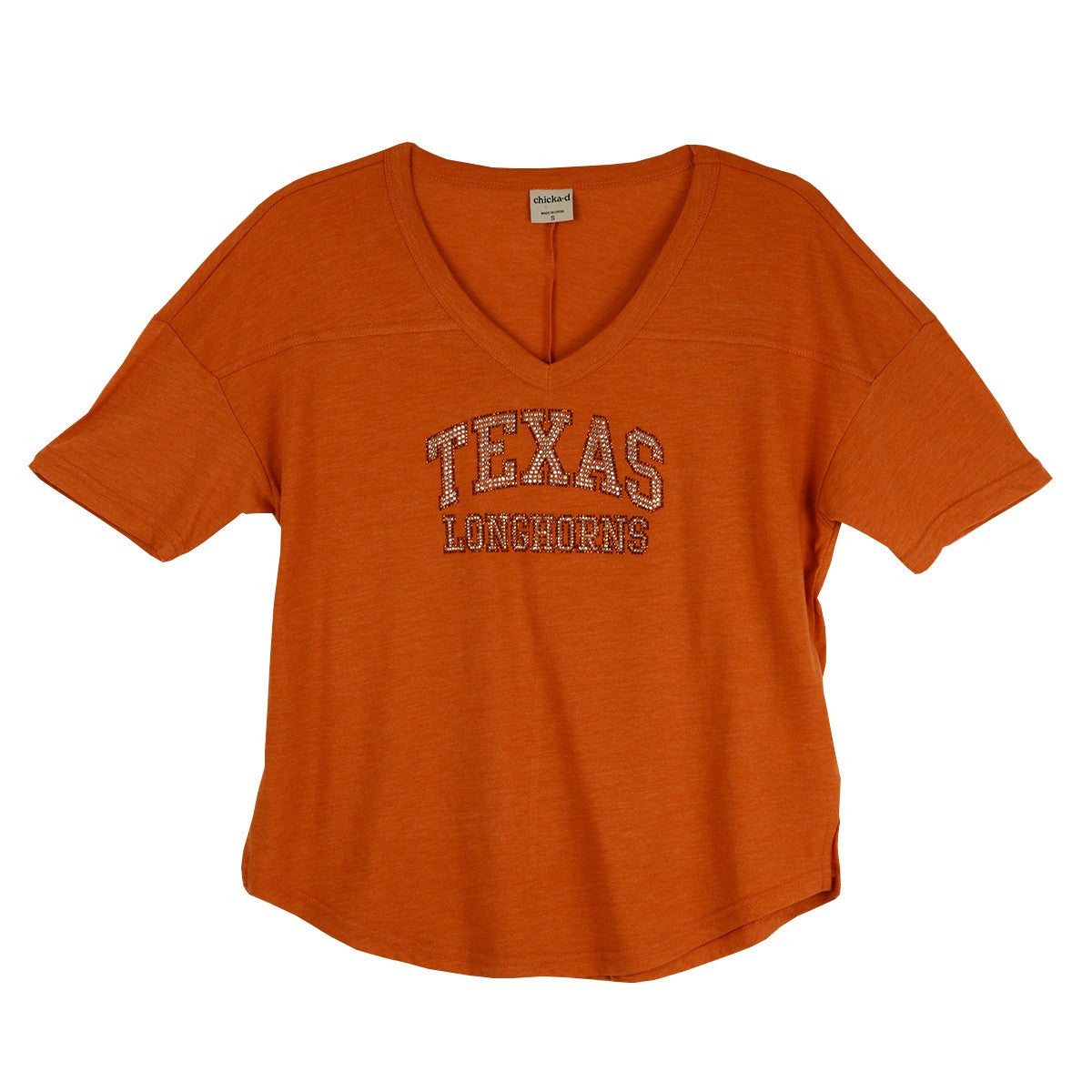 Texas Longhorn Arch Orange + Silver Rhinestones Jersey V-Tee