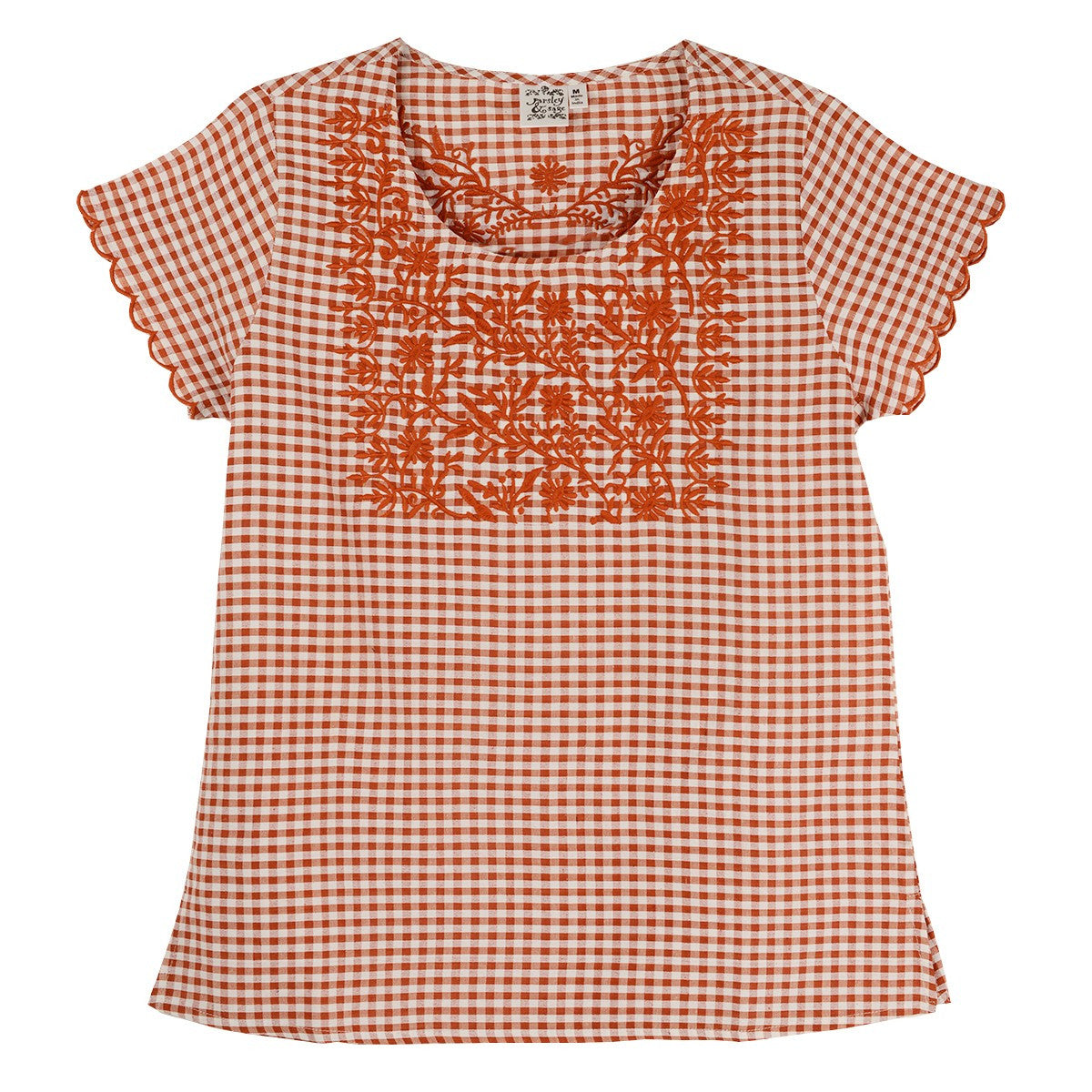 Parsley & Sage Katie Embroidered Gingham Short Sleeve Top *Perfect for Game Day!*