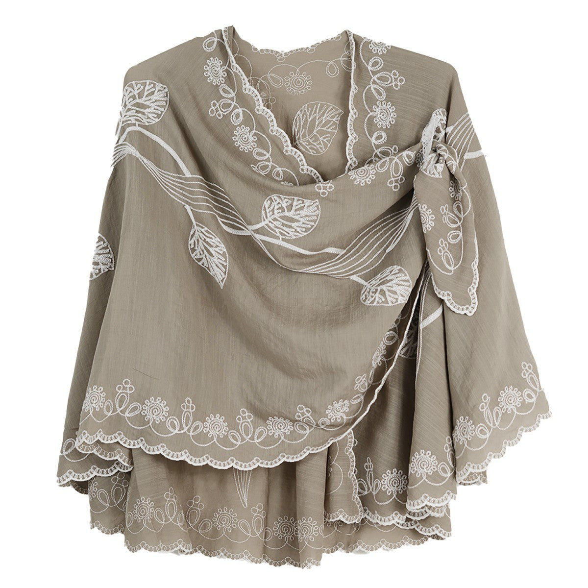 Rapti Embroidered Cotton Loop Shawl (#1) (KHAKI)