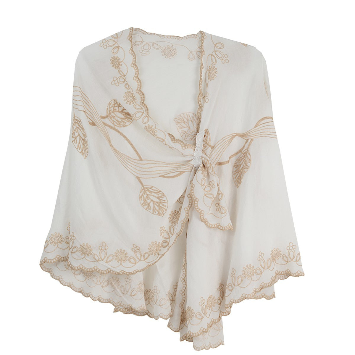 Rapti Embroidered Cotton Loop Shawl (#2) (WHT/KHAKI)