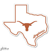 Texas Longhorn Texas State Outline with Logo & Script Longhorns 6" Vinyl Sticker (VD6-15) WHT