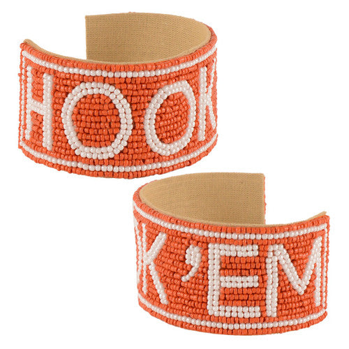 Texas Longhorn HOOK 'EM Beaded Cuff Bracelet (CFTEX) BO/WHT