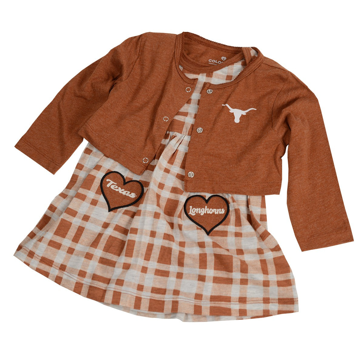 Texas Longhorn Colosseum Infant Marceline Plaid Dress & Cardigan Set (COSD20347)