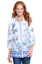 John Mark Butterfly Print Embroidered Detail Button Front Tunic  Shirt (WHT/BLU)