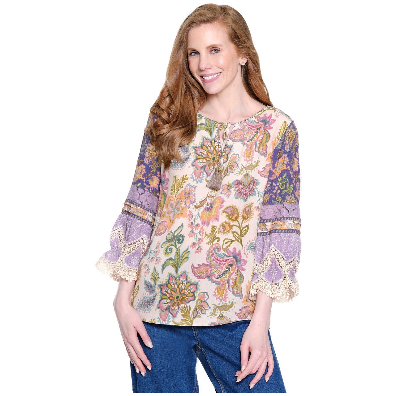 John Mark Purple Floral Mix Print Tassel Tie Peasant Top (J35745TM )