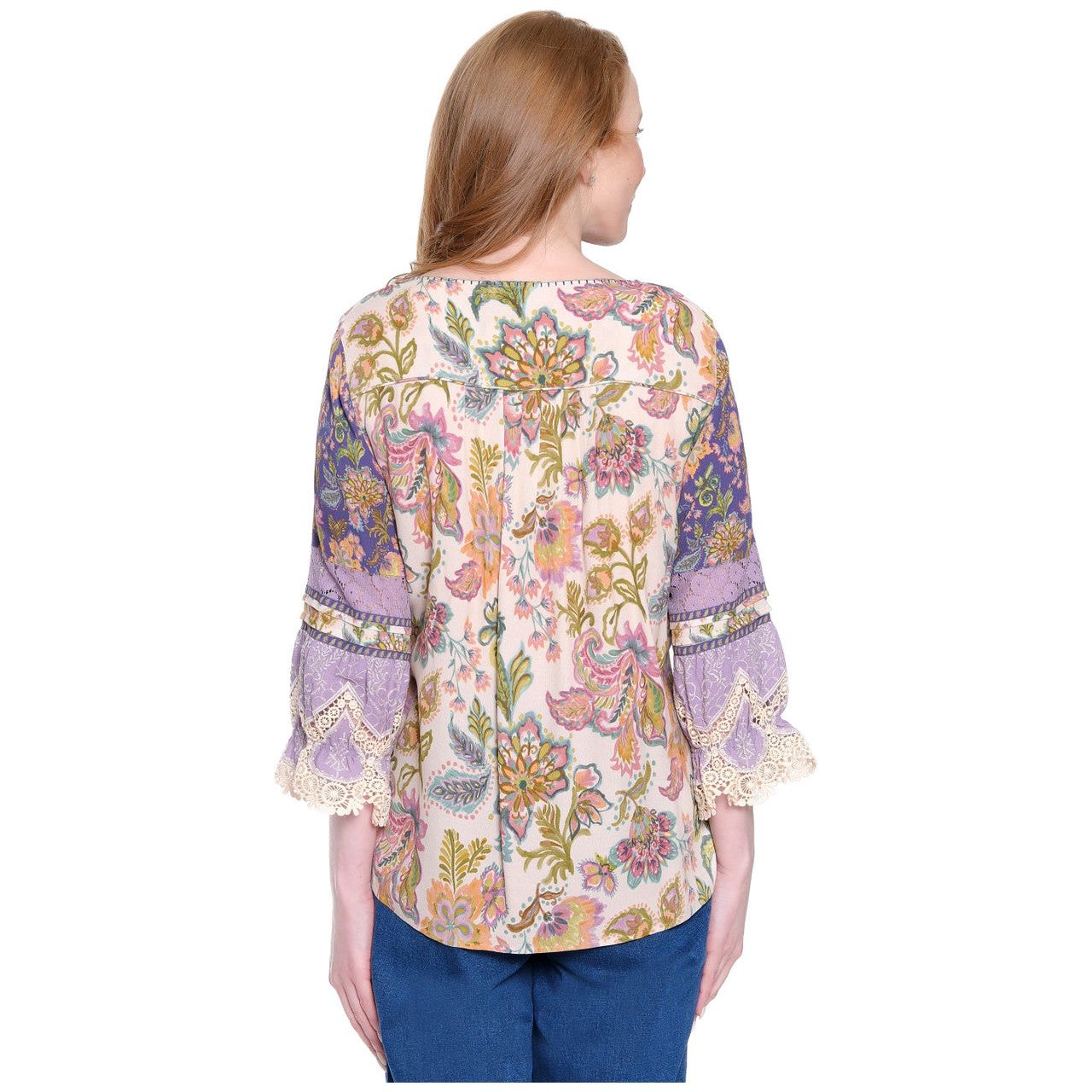 John Mark Purple Floral Mix Print Tassel Tie Peasant Top (J35745TM )