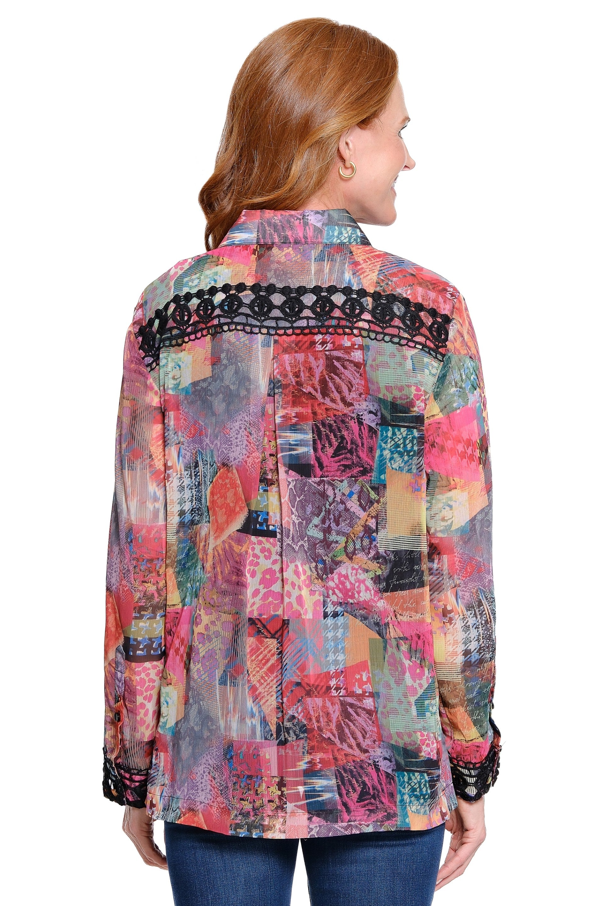 John Mark Patch Print Lace Details Button Front Shirt (MLTPNK)