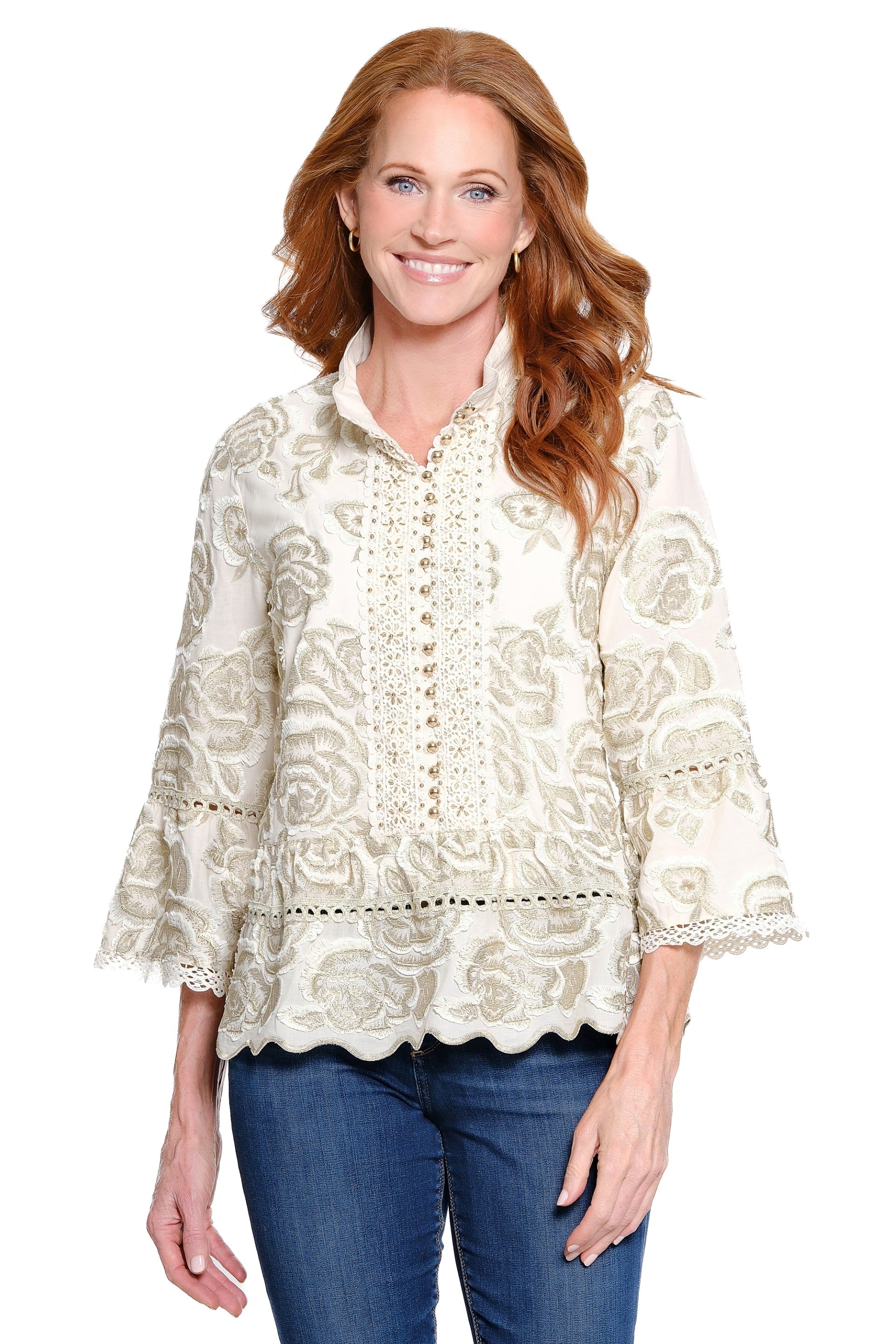 John Mark All Over Embroidery  Flounce Sleeve Peasant Top (IVRY)