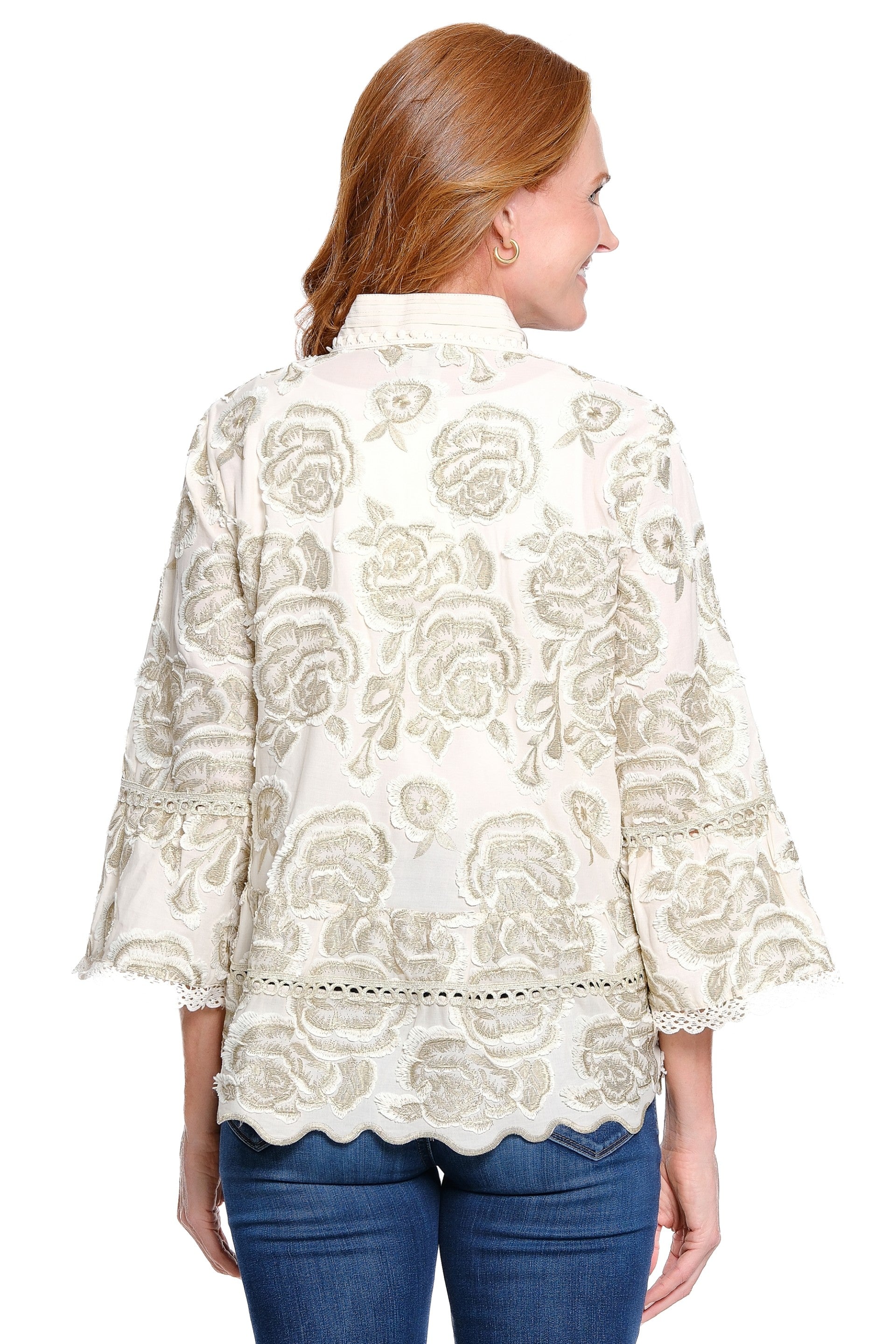John Mark All Over Embroidery  Flounce Sleeve Peasant Top (IVRY)