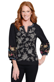 John Mark Embroidered Split Neck Peasant Top (BLK)