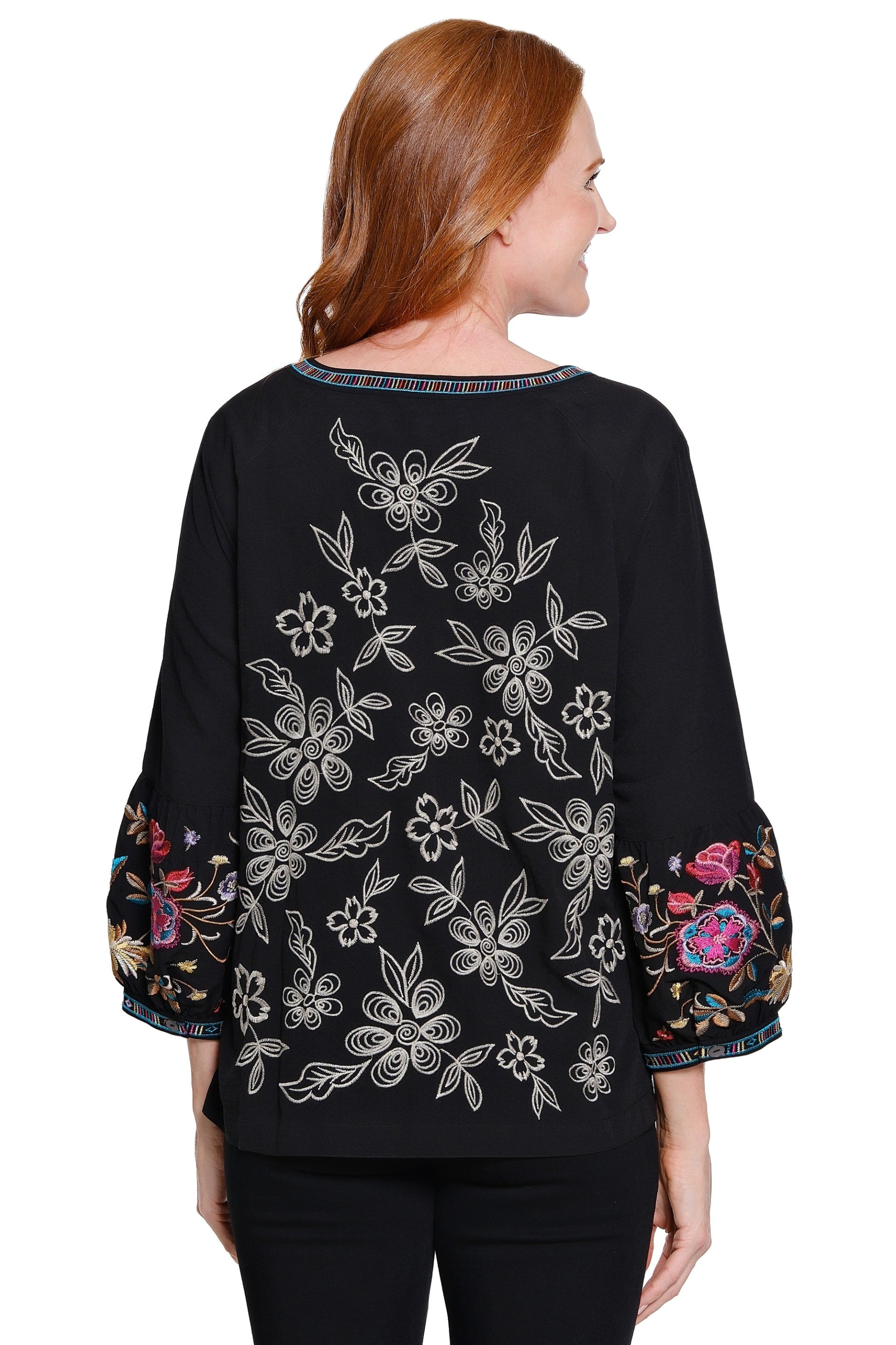 John Mark Embroidered Split Neck Peasant Top (BLK)