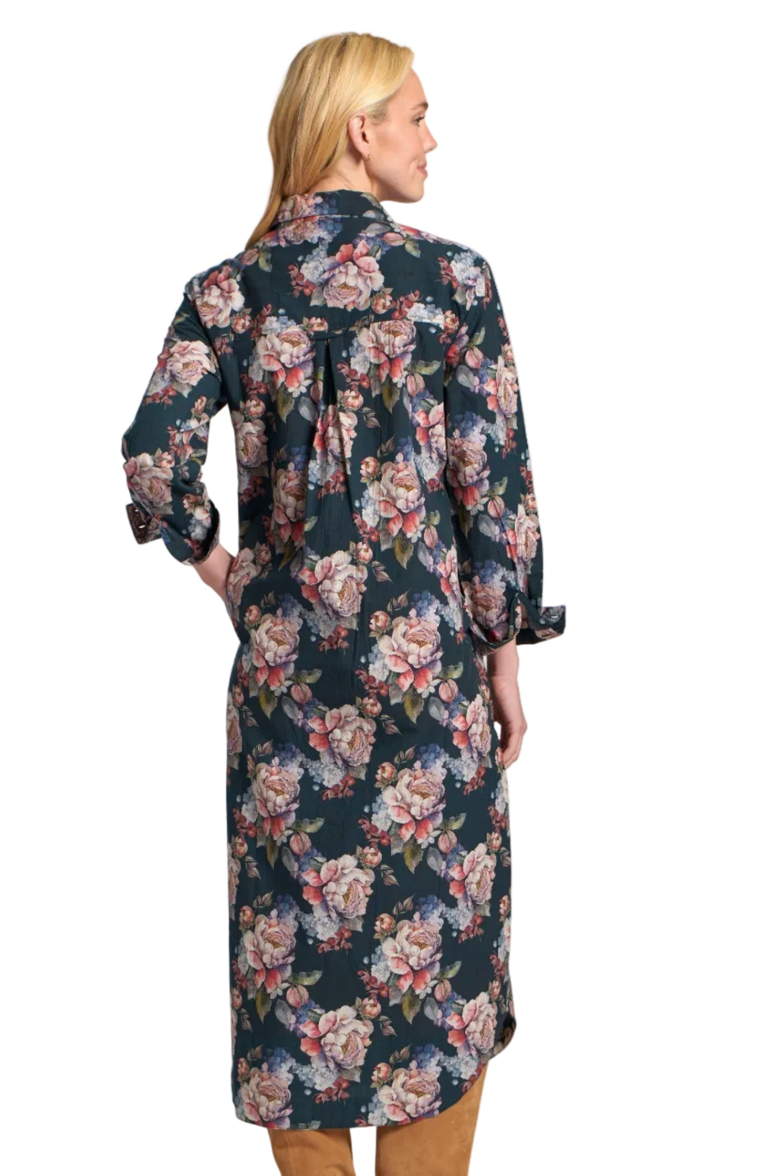 APNY Navy Floral Print Shirt Waist Midi Dress (NVY/MULTI)