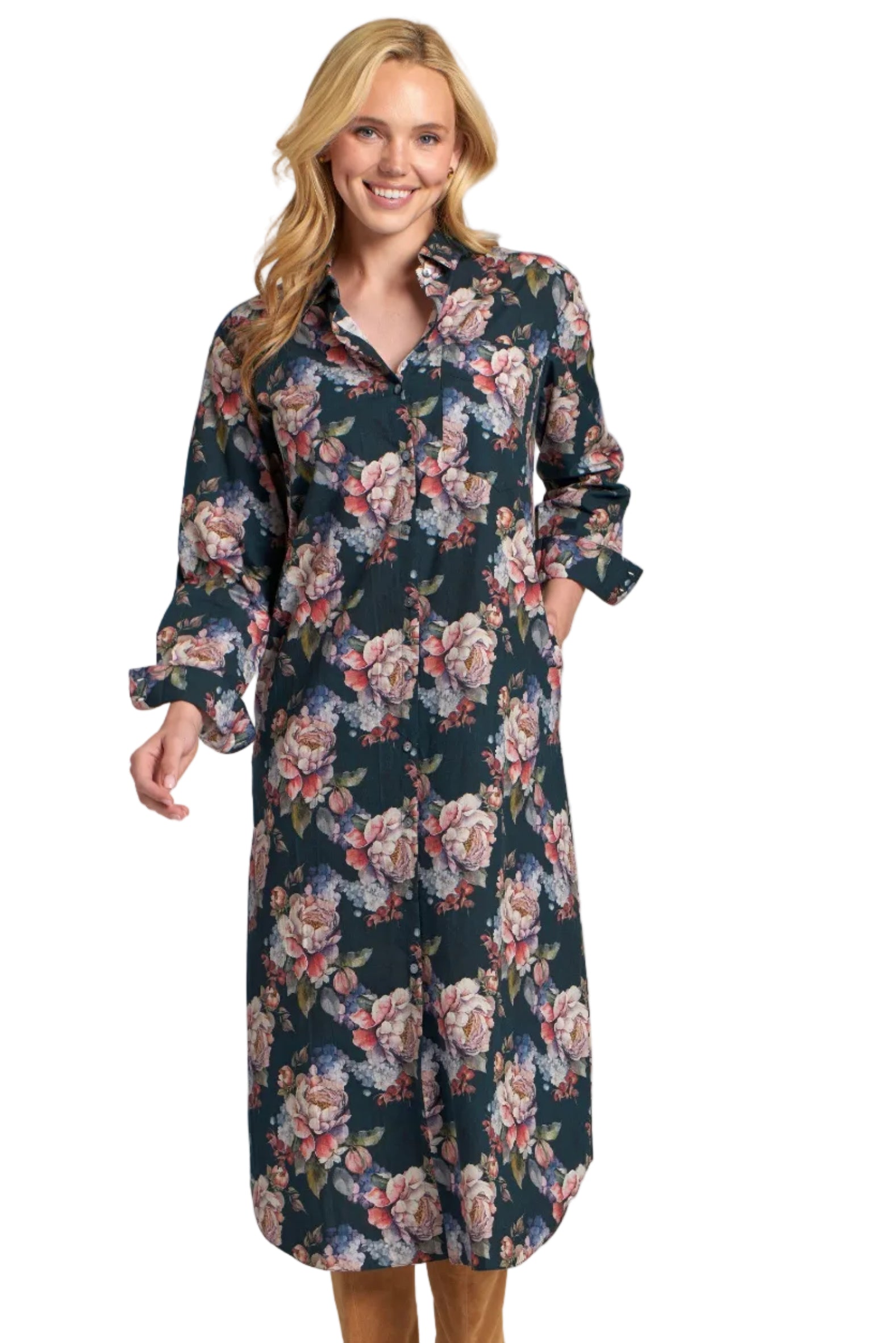 APNY Navy Floral Print Shirt Waist Midi Dress (NVY/MULTI)
