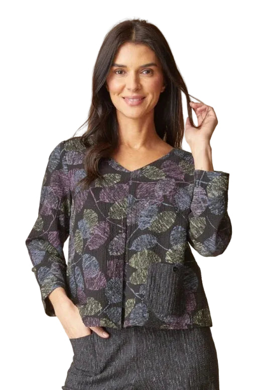 Habitat Crinkle Crepe Leaves Inverted Pleat Top (21002) (Black)