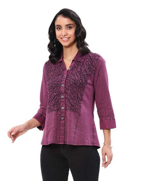 Parsley & Sage Vonda Vintage Wash Tonal Embroidery Shirt (PLUM)
