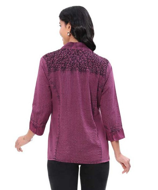 Parsley & Sage Vonda Vintage Wash Tonal Embroidery Shirt (PLUM)